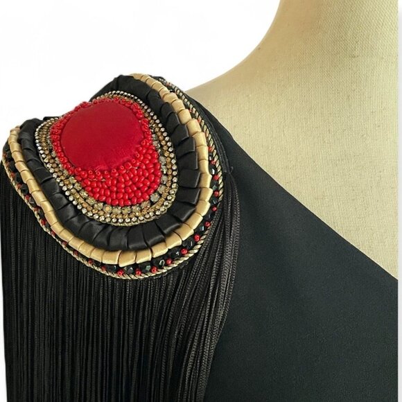 Vtg La Perla Black Beaded Epaulet Long Fringe Scoop Open Back Dress IT 44 US 8 - Picture 9 of 15